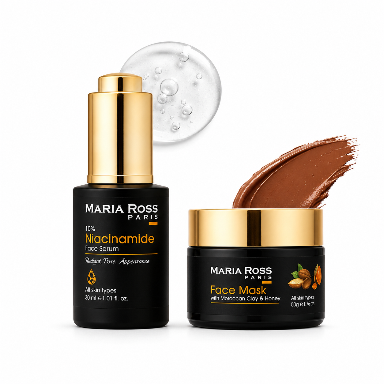 Maria Ross 10% Niacinamide Face Serum and Moroccan Clay & Honey Face Mask Combo, Controls Oil, Hydrates, Lightens, Evens Skin Tone