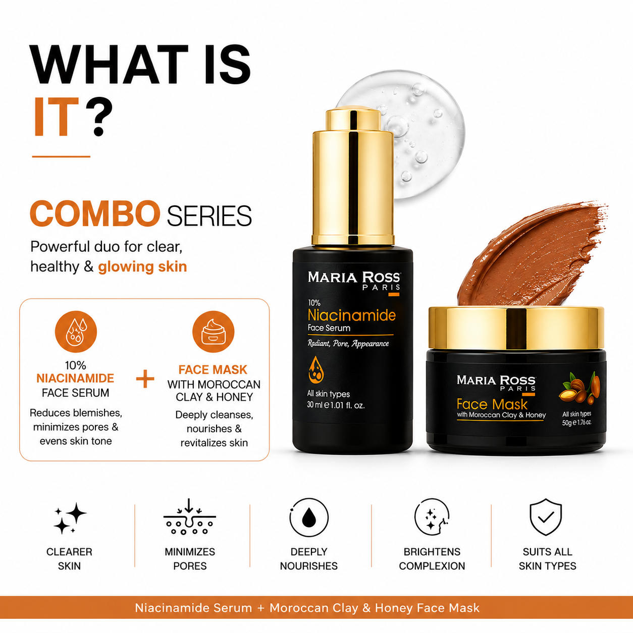 Maria Ross 10% Niacinamide Face Serum and Moroccan Clay & Honey Face Mask Combo, Controls Oil, Hydrates, Lightens, Evens Skin Tone