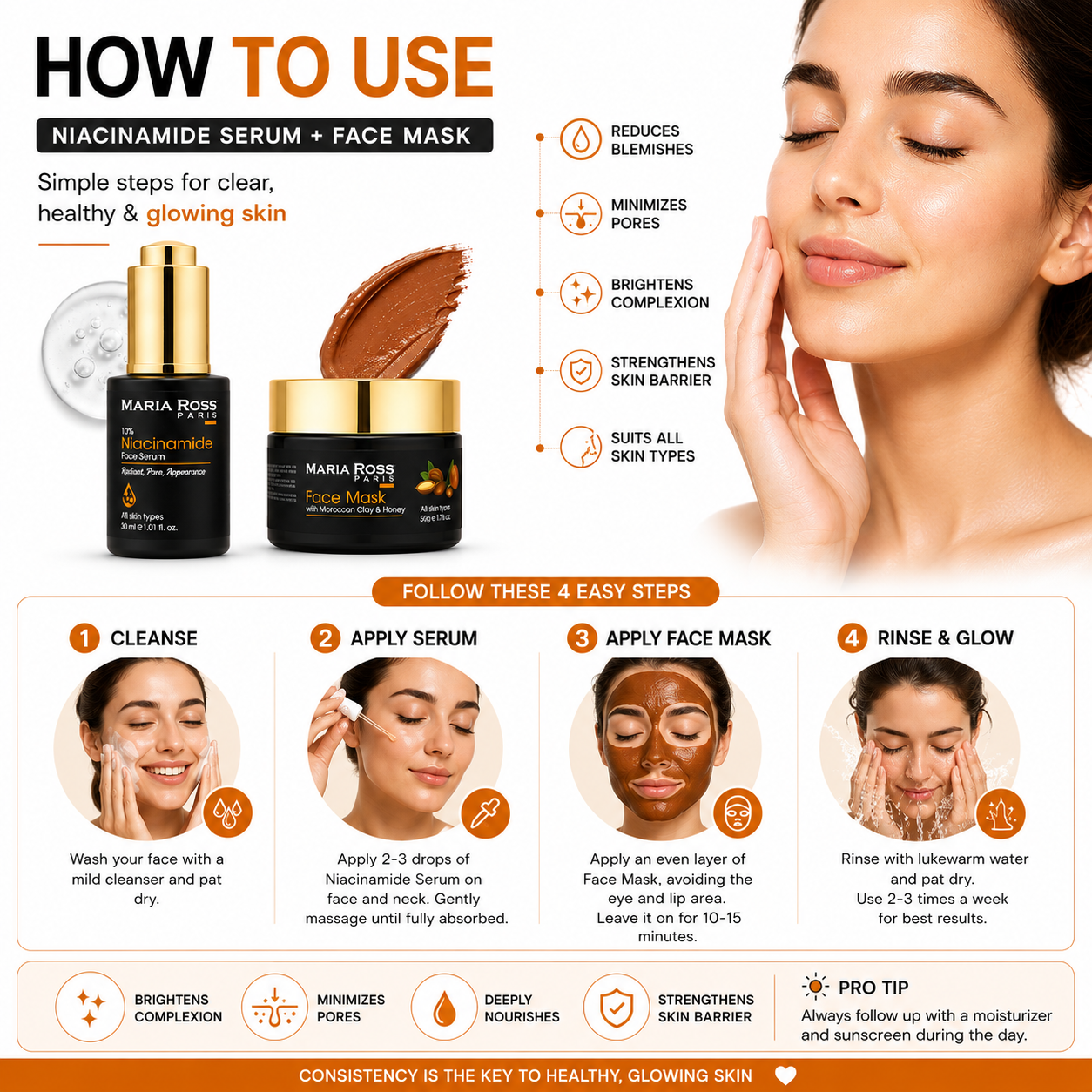 Maria Ross 10% Niacinamide Face Serum and Moroccan Clay & Honey Face Mask Combo, Controls Oil, Hydrates, Lightens, Evens Skin Tone