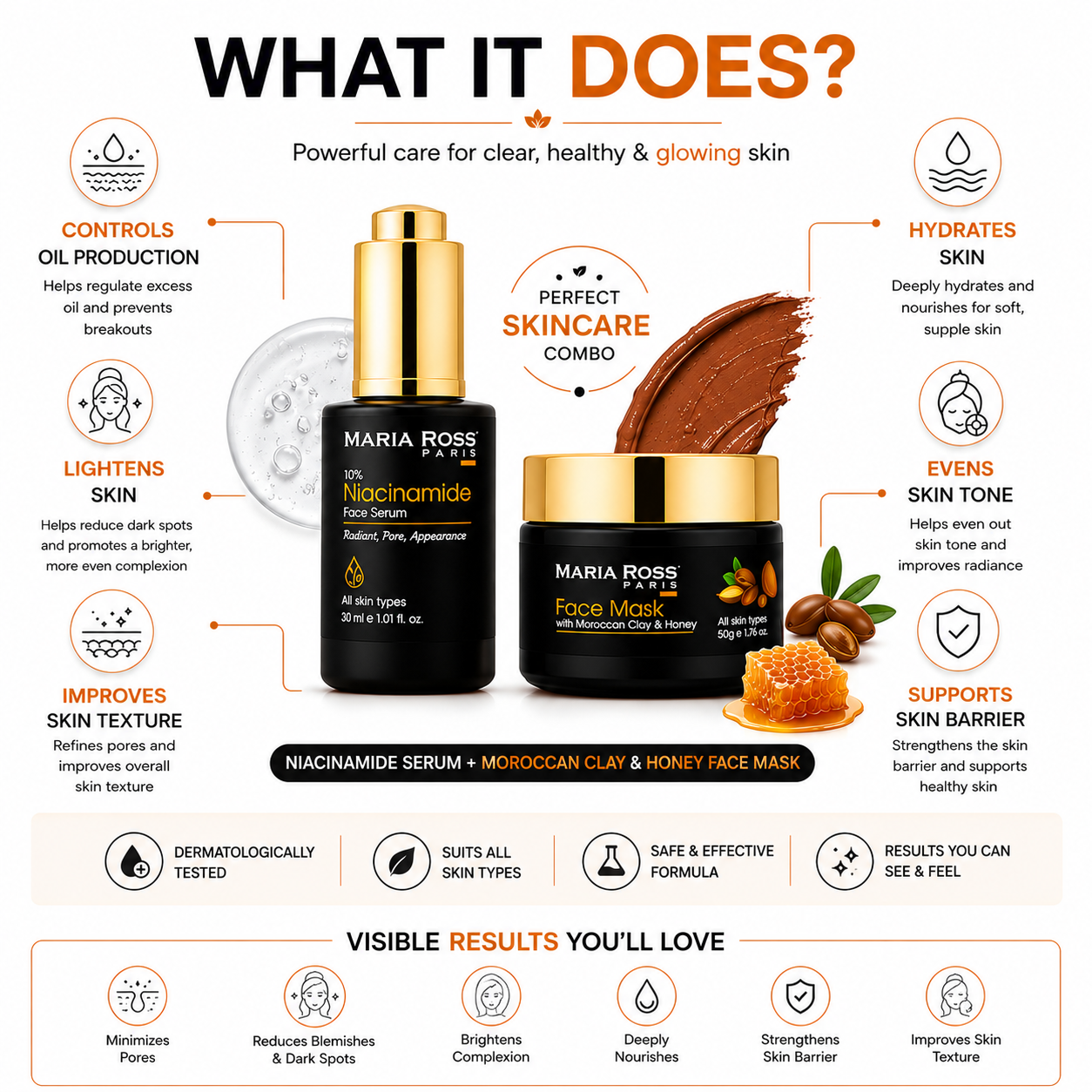 Maria Ross 10% Niacinamide Face Serum and Moroccan Clay & Honey Face Mask Combo, Controls Oil, Hydrates, Lightens, Evens Skin Tone