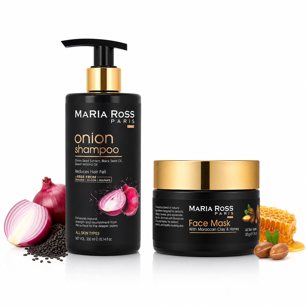 Maria Ross Onion Shampoo & Moroccan Clay Face Pack Combo | Hair Fall Control & Deep Skin Detox | Strengthening Shampoo & Oil Control Face Mask | Scalp Care & Pore Cleansing | Pack of 2