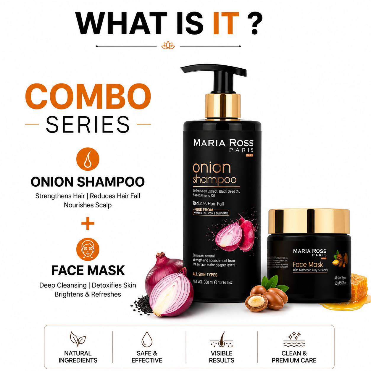 Maria Ross Onion Shampoo & Moroccan Clay Face Pack Combo | Hair Fall Control & Deep Skin Detox | Strengthening Shampoo & Oil Control Face Mask | Scalp Care & Pore Cleansing | Pack of 2